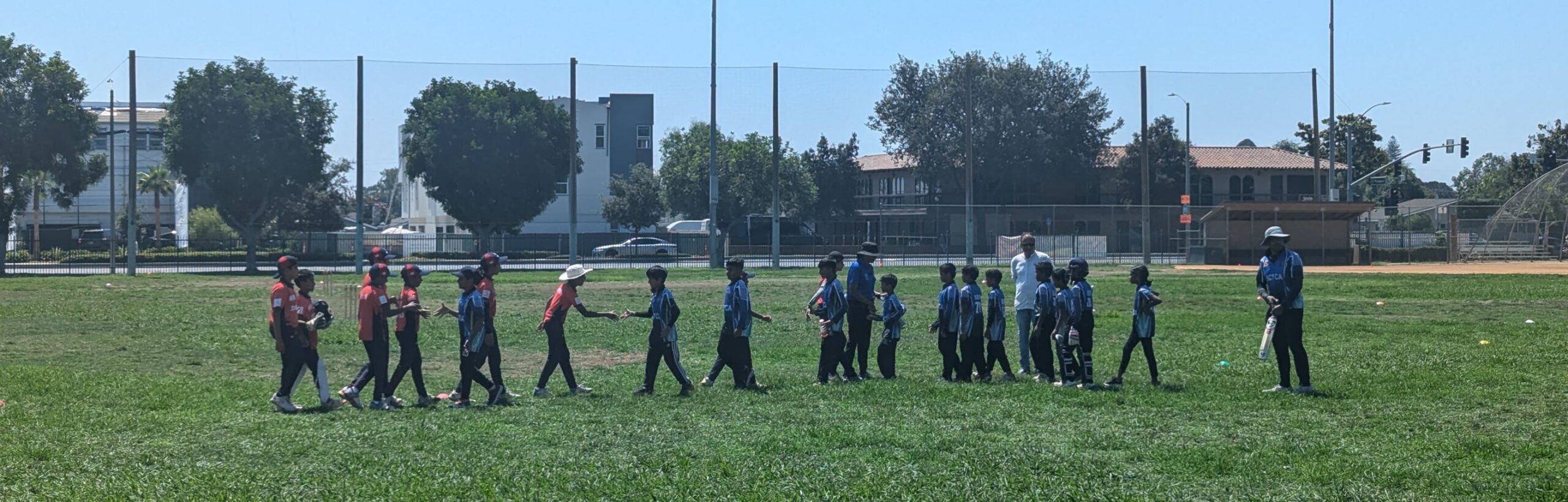 Youth Cricket Players Shaking Hands on Green Field